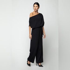 Oak + Fort Navy Jumpsuit, off the shoulder with button detail in Medium